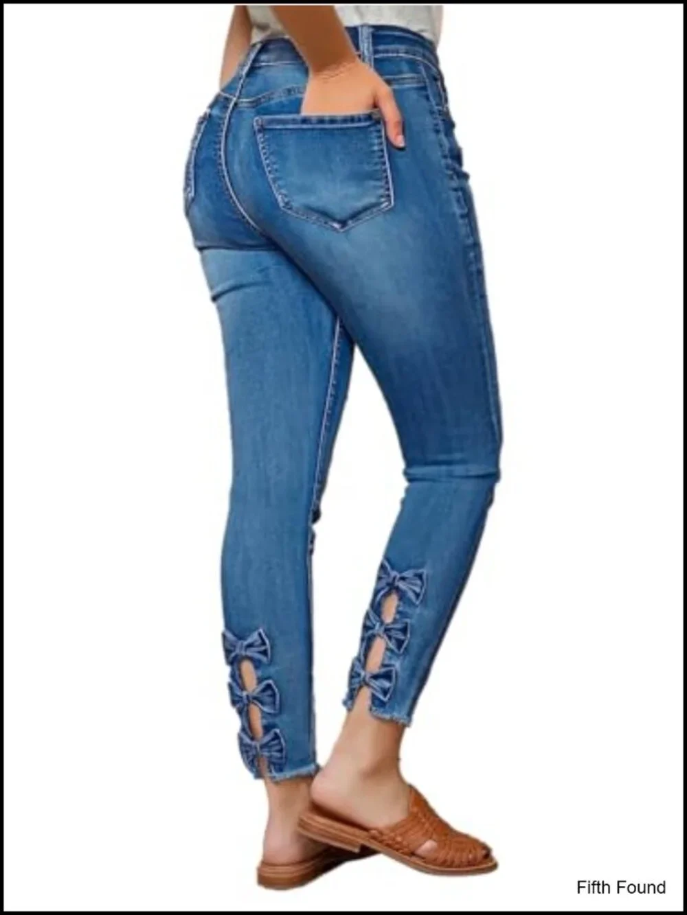Women's High Waist Skinny Jeans Butt Lifting Raw Hem Hollow Out Bow Tie Denim